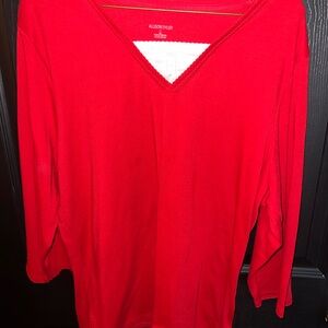 Allison Daley Bright Red V-Neck Knit Top with White Henley Placket